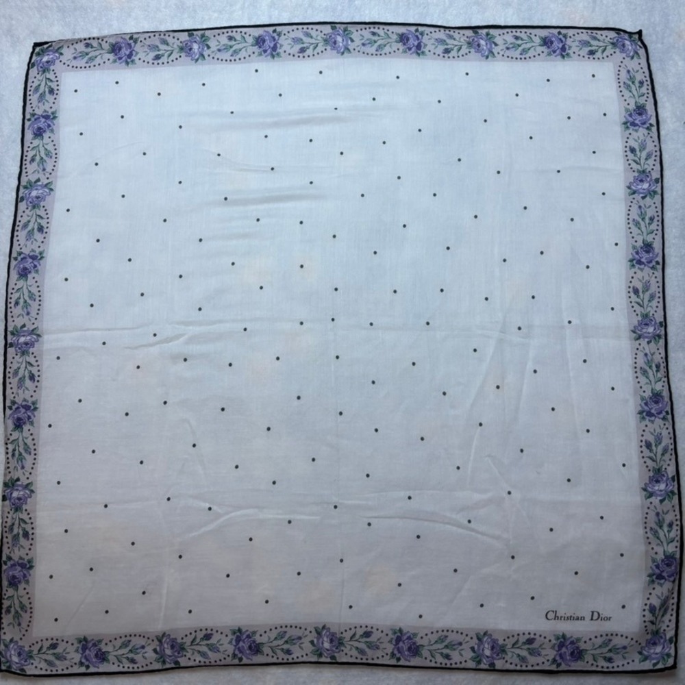 Vtg CHRISTIAN DIOR Scarf Handkerchief Floral Polka Dot Cotton White 18.5in